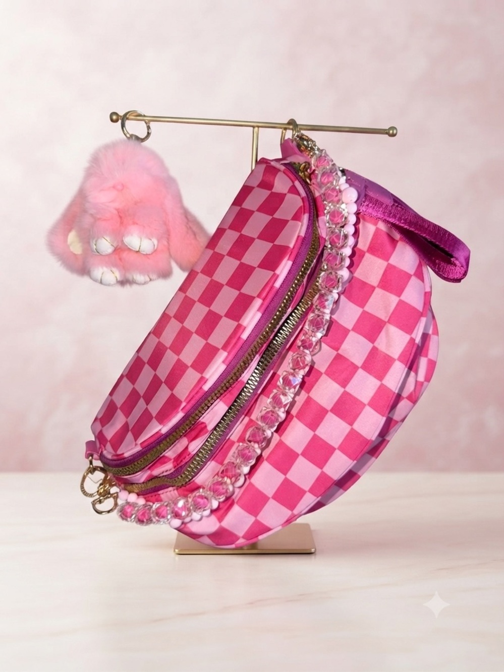 Pink Checkered Crystal-Accented Bumbag with 3 accessories